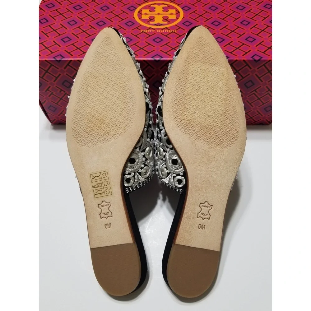Tory Burch Elora Slide Black Suede Mirror Embroidery Flat Mule Slipper 6 $378
